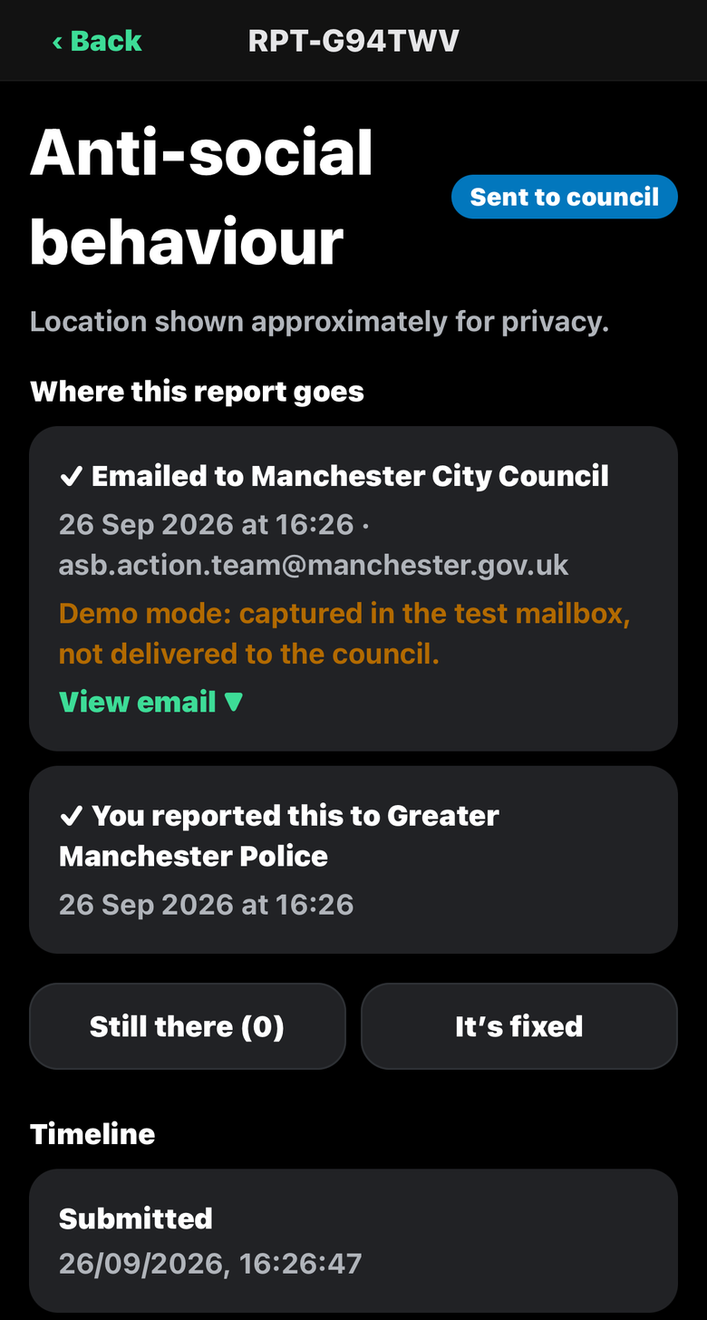 Anti-social behaviour report emailed to Manchester City Council and reported to Greater Manchester Police