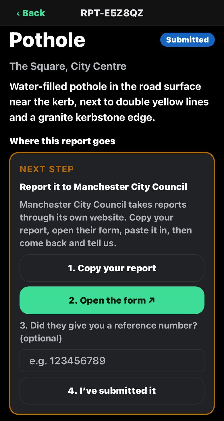 Pothole report with a step-by-step card linking to Manchester City Council’s own form